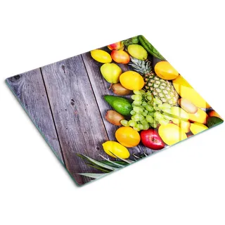 Tulup Glasplatte 60x52 cm Früchte auf Holz , Multicolor , Glas , 60x0.4x52 cm , Küchen, Küchenelektrogeräte, Herde, Herdabdeckplatten