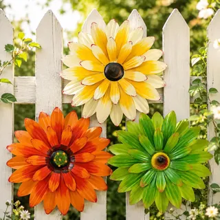 Hotop 3 Stück Metall Blume Wandkunst 3D Metall Gänseblümchen Blumen Wand Dekor Mehrschichtige Hängende Blume Rustikales Bauernhaus Boho Stil Dekorationen für Indoor Outdoor Wohnzimmer (8 Zoll)