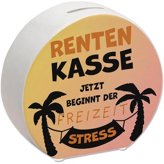 Rentenkasse - jetzt beginnt der Freizeitstress Spardose als lustige Geschenkidee für den Renteneintritt von Kollegen und Großeltern mit Palmenmotiv