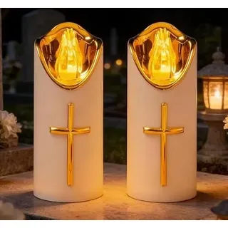 LED Grablichter für Draußen, 2er LED Grabkerze Trauerlicht, Batteriebetriebene Grablicht, Wiederverwendbar Friedhofskerze Gedenkkerze, Grabkerzen mit Flackereffekt wie bei Einer Echten Kerze -Weiß