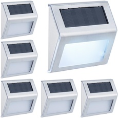 Bild Solarlampen für Wand, 6er Set, Hauseingang & Garten, LED Außenleuchte, IP44, Edelstahl, weißes Licht, Silber