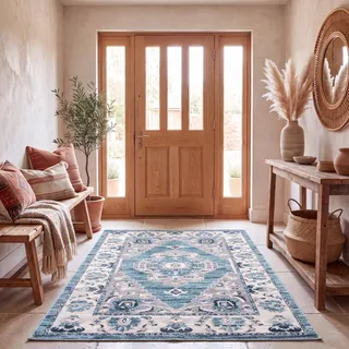 SAFAVIEH Traditionell Teppich für Wohnzimmer, Esszimmer, Schlafzimmer - Madison Collection, Kurzer Flor, Türkis und Grau, 122 X 183 cm