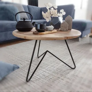 FineBuy Couchtisch Akazie Massivholz rund 60 cm · Wohnzimmertisch mit Metallgestell im modernen Design · Handgefertigt · Natur Look & Industrial Stil - Braun