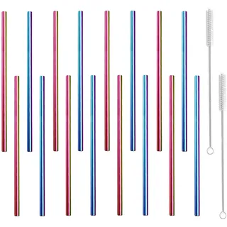 morneve Metall-Trinkhalme, kurz, klein, Edelstahl, wiederverwendbar, für Kinder, Saft, Cocktails, Kaffee, Bar, Party, Zuhause, Büro, Restaurant, 150 mm Länge mit Reinigungsbürste, bunt, 16 Stück