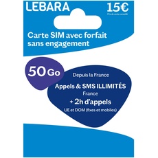 Lebara SIM-Karte + unbegrenzte Anrufe und SMS Frankreich + 2 Stunden auf 43 Ziele + 20 GB + 30 GB gratis