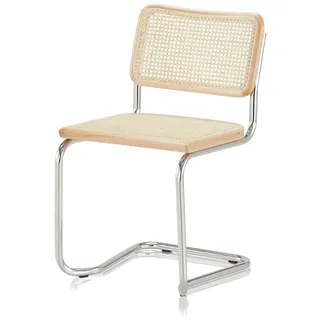 KHG Schwingstuhl Freischwinger Chrom Made in Italy, für Esszimmer | Rückenlehne und Sitzfläche aus Massivholz Buche und Rattan, Esszimmerstuhl, Küchenstuhl Designstuhl mit Wiener Geflecht