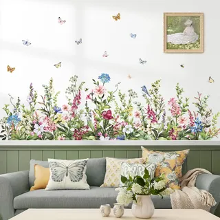 wondever Wandtattoo Bordüre Gras Wildblume Wandaufkleber Garten Blumen Blumenwiese Schmetterlinge Wandsticker Wanddeko für Wohnzimmer Ecke einer Schlafzimmer Sofa Hintergrund