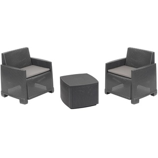 Dmora - Lounge-Set für draußen Laigueglia, Garten-Set mit 2 Sesseln und 1 Aufbewahrungstisch, Rattan-Effekt mit Kissen, 100% Made in Italy, Anthrazit