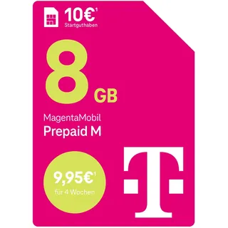 Telekom MagentaMobil Prepaid M mit 8 GB Highspeed-Volumen I Surfen mit 5G/ LTE Max & Allnet Flat (Min, SMS) in alle dt. Netze I Datenmitnahme I Basic Roaming & Hotspot Flat I 10 EUR Startguthaben