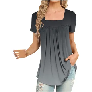 Lange Tops für Damen Elegant Plissee Oberteile Kurzarm Tshirt mit Quadratischer Ausschnitt Falten Bluse Longtops mit Blumendruck Farbverlauf Party T-Shirt Pullover Tunika Basic Shirt Longbluse