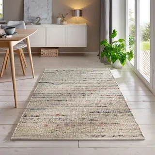 Handweb-Teppich aus Schurwolle in Skandinavischem Landhaus Design in vielen aktuellen Farben für Wohnzimmer, Esszimmer, Schlafzimmer, Flur, auch als Läufer beidseitig verwendbar bunt 090x160 cm