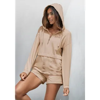 Hoodie BENCH. LOUNGEWEAR, Damen, Gr. 36/38, beige, angeraute Sweatware, Obermaterial: 95% Baumwolle, 5% Elasthan. Kapuzenfutter: 100% Baumwolle, unifarben, Basic, Sweatshirts Hoodie, mit Reißverschluss, Loungewear, Loungeanzug