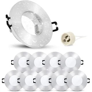 linovum 10 Stück Einbaurahmen ISASO mit IP65 Schutz inkl. GU10 Fassung - Einbaustrahler gebürstet Alu Rahmen für Bad & Außen
