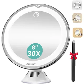 Auxmir Kosmetikspiegel mit Beleuchtung, 30X Vergrößerung Schminkspiegel mit Beleuchtung und Stark Saugnapf, 3 Farben Modi, 8 Zoll Dimmbar Vergrößerungsspiegel mit Licht, 360° Schwenkbar Rasierspiegel