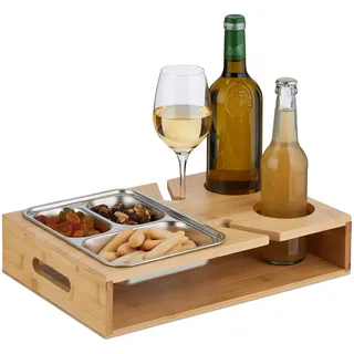 Relaxdays Couchbar, Bambus, Edelstahlschale für Snacks, Getränke- , Weinglashalter, Griffe, Couchorganizer, Natur/Silber