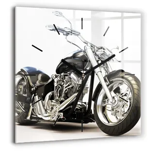 Wallfluent Große Wanduhr – Stilles Quarzuhrwerk - Uhr Dekoration Wohnzimmer Schlafzimmer Küche - Zifferblatt mit Striche - schwarze Zeiger - 60x60 cm - Schwarzes Motorrad - Schwarz
