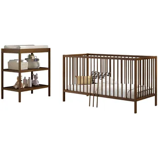 Babymöbel-Set VIPACK "DINO, ideal für Ihr Kinderzimmer, Made in Europe, Buche massiv", buche nussbaum farbig, Einlasstiefe Lattenrost ca. 18,3cm, 33,9cm und 49,5cm + ohne Matratze, B/H: 70cm x 140cm, Einlasstiefe Lattenrost ca. 18,3cm, 33,9cm und 49,5cm, Schlafzimmermöbel-Sets, Babymöbel-Set, Liegefläche 3-fach höhenverstellbar, Ausf. Buche Nussbaumfarbig