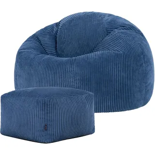 I.C.O.N. Icon Sitzsack mit Hocker Cord, Denimblau, Sitzsack Erwachsene mit Füllung, Bean Bag, Cord Sessel, Lounge Sessel, Lounge Stuhl, Schlafzimmer, Wohnzimmer, Wohnzimmer Möbel