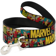 Buckle-Down Dog Leash Marvel Retro Comic Panels Black Yellow 6 Feet Long 1.0 Inch Wide, Multicolor (DL-6FT-WAV042)