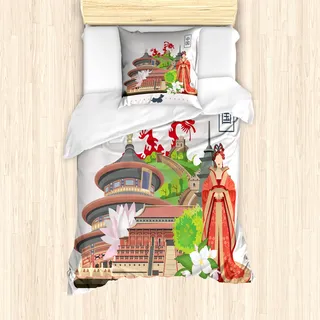 ABAKUHAUS Vintage China Mantele, Kultur Kleid Palace, Milbensicher Allergiker geeignet mit Kissenbezügen, 135 cm x 200 cm - 80 x 80 cm, Mehrfarbig