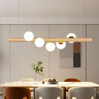 Azanaz 5-Flammige Pendelleuchte aus Massivholz, 80cm für Esstisch & Kücheninsel, Höhenverstellbar (bis 120cm), Einfache Montage auch für Schräge Decken, mit G9 Fassung