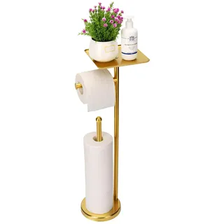 noonext Gold Toilettenpapierhalter Ständer, freistehender Toilettenpapierständer mit Ablage für kleine Gegenstände, Toilettenpapierhalter mit Ablage, Stauraum für 4 zusätzliche Toilettenpapierrollen