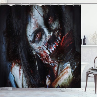 ABAKUHAUS Zombie Duschvorhang, Blutige Frau Theme, Stoffliches Gewebe Badezimmerdekorationsset mit Haken, 175 x 180 cm, Dunker Nachtblau