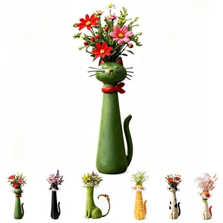 Handgefertigte Katze Blumenvase Aus Keramik, Skurrile Katzen Vase Für Tisch Deko, Katzenfigur Als Vase Für Blumen, Geschenk Für Katzenliebhaber(Dunkelgrün)