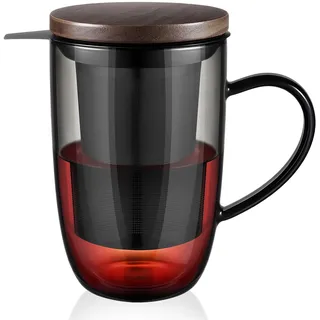 ecooe 440 ml Schwarze Glas Teetasse Borosilikat Teebecher Teeglas mit Ultrafein 18/8 Edelstahlsieb Natürlicher Bambus Deckle Verdickter für Kaffee Saft Kohlensäurehaltige Getränke Milch Joghurt