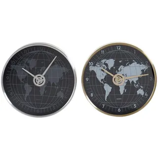DKD Home Decor Wanduhr of the Brand Black Aluminium Crystal Gold Silver Plated World Map (2 Pieces) (30 x 4.3 x 30 cm) (Artikel Nr.: S3016704) - Schwarz