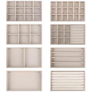 EXLECO 8er Schmucktablett 21 * 12,5cm Samt Schmuckaufbewahrung Aufnehmbar Schmuck Organizer Schublade Stapelbar Schmuckkästchen ersetzt für Damen Mädchen Ringe Ohrring Brosche Kette Ring (Beige)