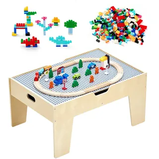 Vevor Aktivitätstisch, 290 Bausteine und 30-teiliges Holzeisenbahn-Set, Eisenbahn, Fahrzeuge, Gleise und Zubehör, Holz-Spieltisch für Kinder mit Ablagefläche für Kinder ab 3 Jahren