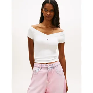 Kurzarmshirt TOMMY JEANS "TJW SLIM OFF SHOULDER RIB SS TOP", Damen, Gr. S (36), ecru, Single Jersey, Obermaterial: 94% Baumwolle, 6% Elasthan, unifarben, slim fit taillenbedeckt, Carmenausschnitt, abgesteppte Kante, Shirts Kurzarmshirt, mit gerippter Struktur, schulterfrei