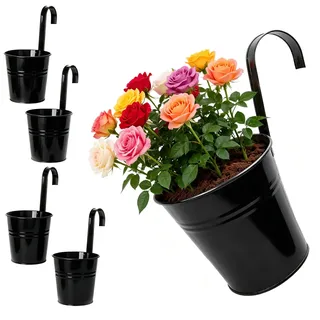 YNNHUDEEP Hängeampel Outdoor 4er Set hängeblumentöpfe Blumentopf 16cm Höhe 26cm Mit Abnehmbarem Bügel & Ablaufloch, für Balkon Geländer Terrasse, Verzinktes Eisen Wetterfest Stabil (Schwarz)