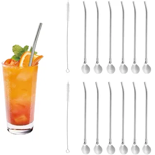 14 Stück Strohhalm Mit Löffel, Edelstahl, 2 Stück Reinigungsbürste, Für Latte, Macchiato, Cocktail, Milchshakes