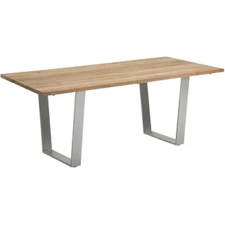 Gartentisch , Edelstahlfarben, Teakfarben , Holz , Teakholz , massiv , rechteckig , Kufe , 95x76x160 cm , Gartenmöbel, Gartentische, Gartentische