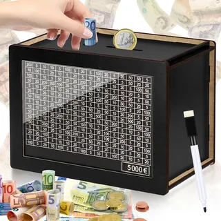 Kkluno Spardose 5000 Euro mit Zähler – Wiederverwendbare Holz Sparbox mit Zahlen Ankreuzen, Schwarze Design-Spardose zur Finanzmotivation, Geldsparbox für Erwachsene, Geschenk & Dekoidee