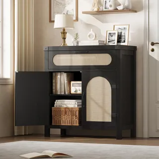GarveeHome 3-Stöckiges Sideboard Mit Rattanfront, Buffet Mit 1 Schublade Und Verstellbarem Regal, Boho-Schrank, Für Esszimmer Und Wohnzimmer, 76x35,3x84cm
