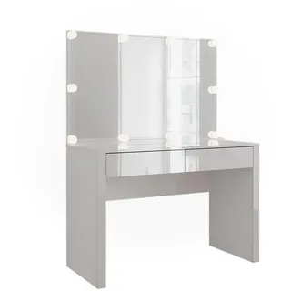 Vicco Schminktisch Annabelle, 110 cm mit Spiegel und Lampen, Weiß Hochglanz/Weiß - Weiß