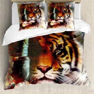 ABAKUHAUS Tiger Bettbezug, Natur, Wilde, Milbensicher Allergiker geeignet mit Kissenbezügen, 155 cm x 220 cm - 80 x 80 cm, Mehrfarbig