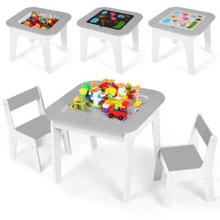 Clevich Kinder Tisch Stuhl Set, Kindersitzgarnitur, Stauraum, mit 2 PCS Stühlen, Kindersitzgruppe, Doppelseitiger Maltisch & Bauplatte, Packung mit 2 Stühlen, Kindermöbel für Kinderzimmer, Grau