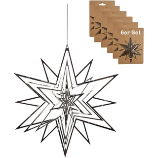 CULT at home Deko Sterne zum Aufhängen - 6 Stück 3D Sterne Deko klein 7 x 7 cm Metall Silber – Stern für Fenster Weihnachten Spiegeleffekt – Adventsdeko Weihnachtsdeko Tannenbaumschmuck hängend