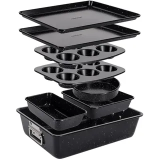 NutriChef 8-teiliges stapelbares Backformen-Set aus Karbonstahl | Antihaft, PFOA- & PFOS-frei | Ofenfest bis 232 °C | Mit Backblech, Muffinform, runder, eckiger & Kasten-Kuchenform | Schwarzer Marmor
