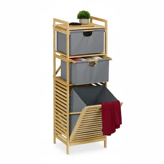 Relaxdays Wäschekorb, kippbarer Wäschesammler, 30 l, Ablage , 2 Schubladen, Bambus, Stoff, HBT: 120x40x33 cm, Natur/grau