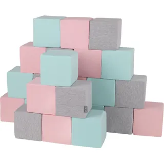 KiddyMoon schaumstoff würfel für baby weiche blöcke 24 stücke schaum spielzeug montessori-spielzeug mit schaum und viel spaß für kinder, hergestellt in der eu, blöcke: hellgrau-pink-mint