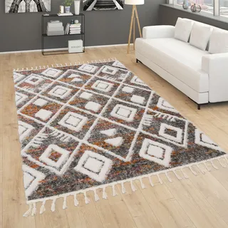 Paco Home Hochflor Teppich Wohnzimmer Schlafzimmer Shaggy Boho Modern Skandinavisch Geometrisches Rautenmuster Fransen Grösse:120x160 cm, Farbe:Bunt