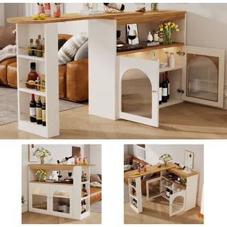 Flieks Esstisch Bartisch 360°Drehbar, Esszimmertisch Küchentisch Ausziehbar mit Schrank, Stehtisch Sideboard mit LED, Weiß - Weiß