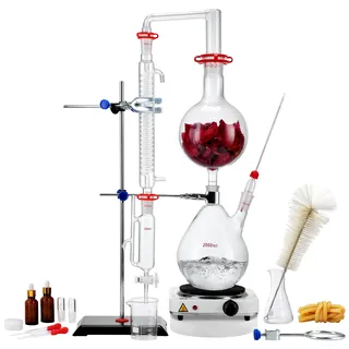 VEVOR Destillationsset für Ätherische Öle, 2000-ml-Destillationsgerät, 3,3-Boro-Laborglas-Destillationsset mit 1500-W-Heizplatte und 24-, 40-Verbindung, 28-teiliges Set