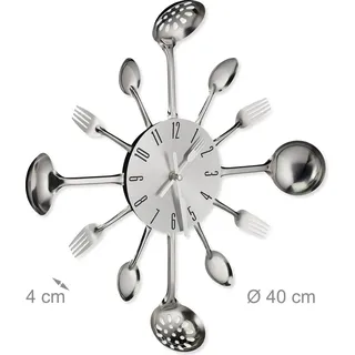 Wanduhr mit Besteck-Zeitmarkierungen, Ø 34 cm, Edelstahl, Stilles Quarzwerk