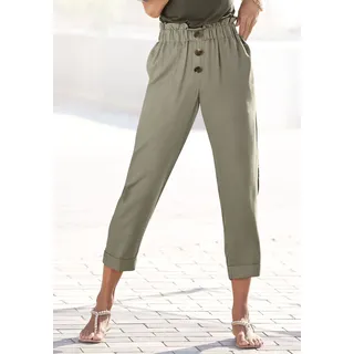 Paperbag-Hose LASCANA, Damen, Gr. 46, N-Gr, grün, Twill, Obermaterial: 100% Viskose, unifarben, figurumspielend 7/8-Länge, Hosen Paperbag-Hose, mit Zierknöpfen und Elastikbund, Stoffhose, gekrempelter Hosensaum, Topseller
